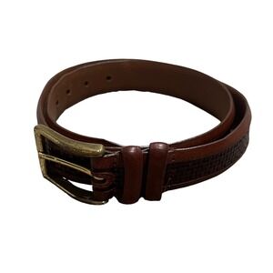 Allen Edmonds Mens Brown Woven Calfskin Leather Belt 34 Solid Brass Buckle USA